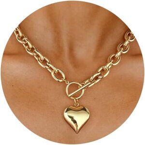 Trendy Stackable Gold Chunky Chain Necklace with Heart Pendant - 19-Inch